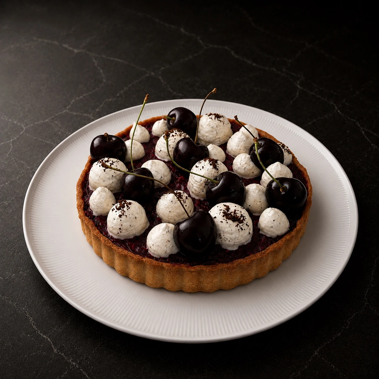 Tarte aux cerises et pochages de crème à partager